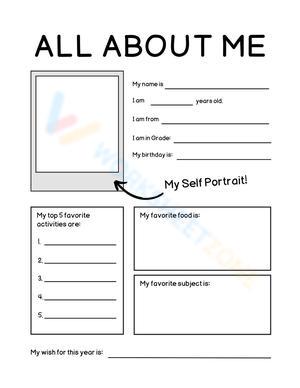 Simple Black and White Student Introduction All About Me Worksheet