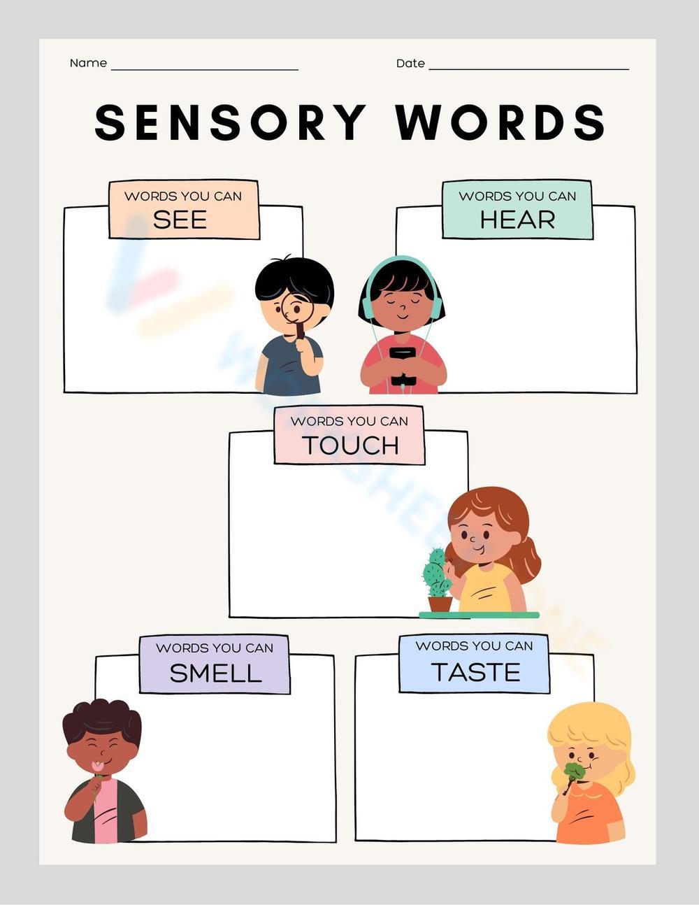 Pastel Illustrative 5 Senses Worksheet