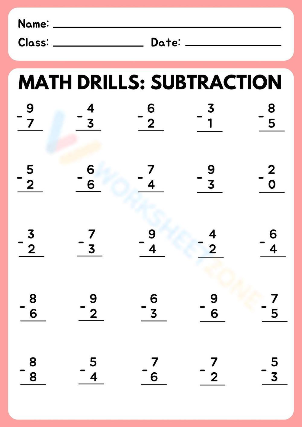 Math Drills Subtraction Worksheet Worksheet 1556