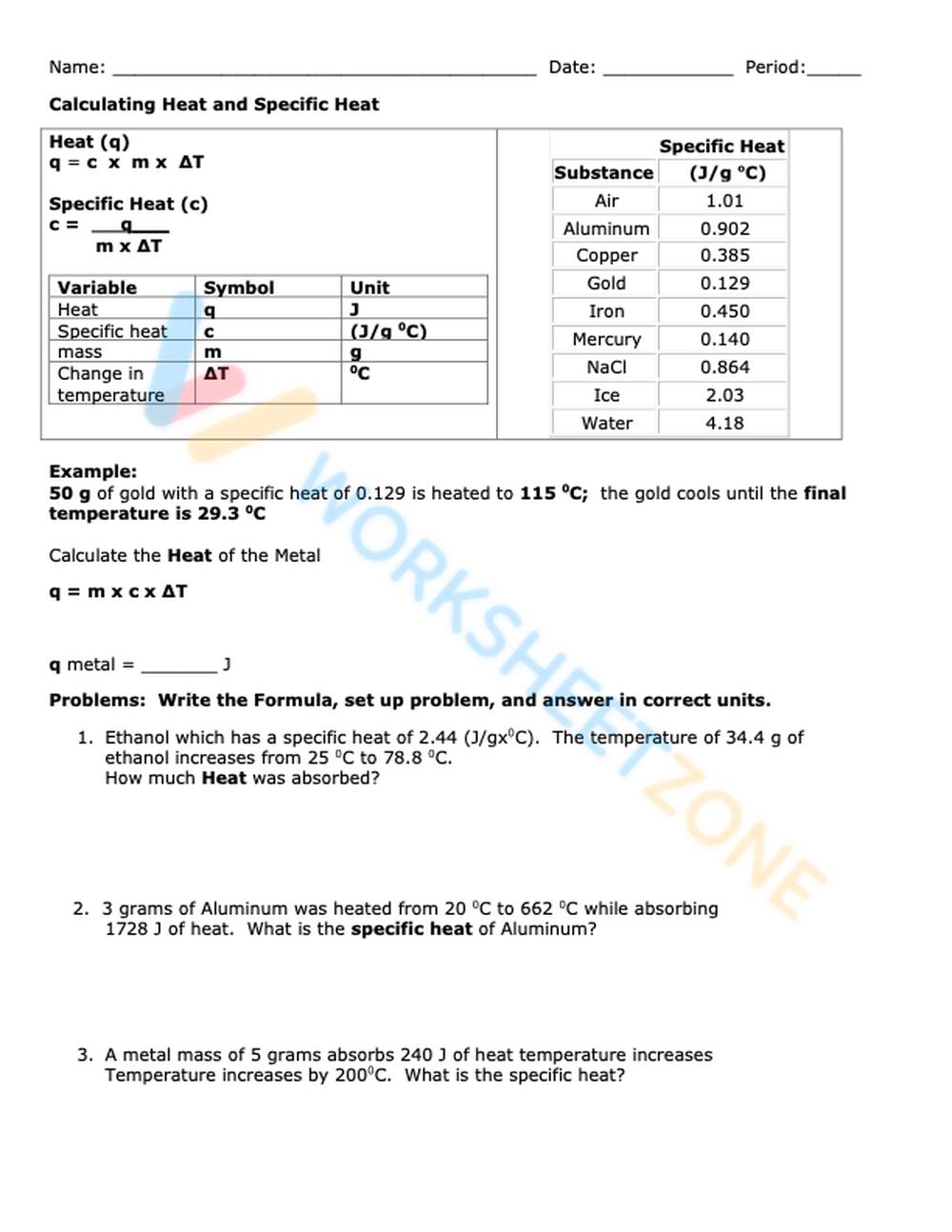 Specific Heat Worksheet Answers 1