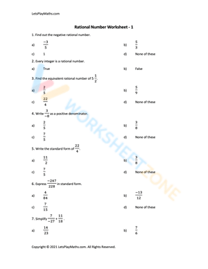 Free Printable Rational Numbers Worksheet Grade 7