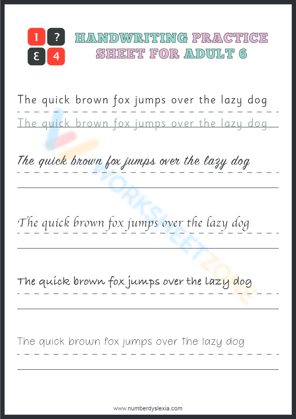 Handwriting Practice Worksheet For Adults - The Quick Brown Fox Jumps Over  The Lazy Dog