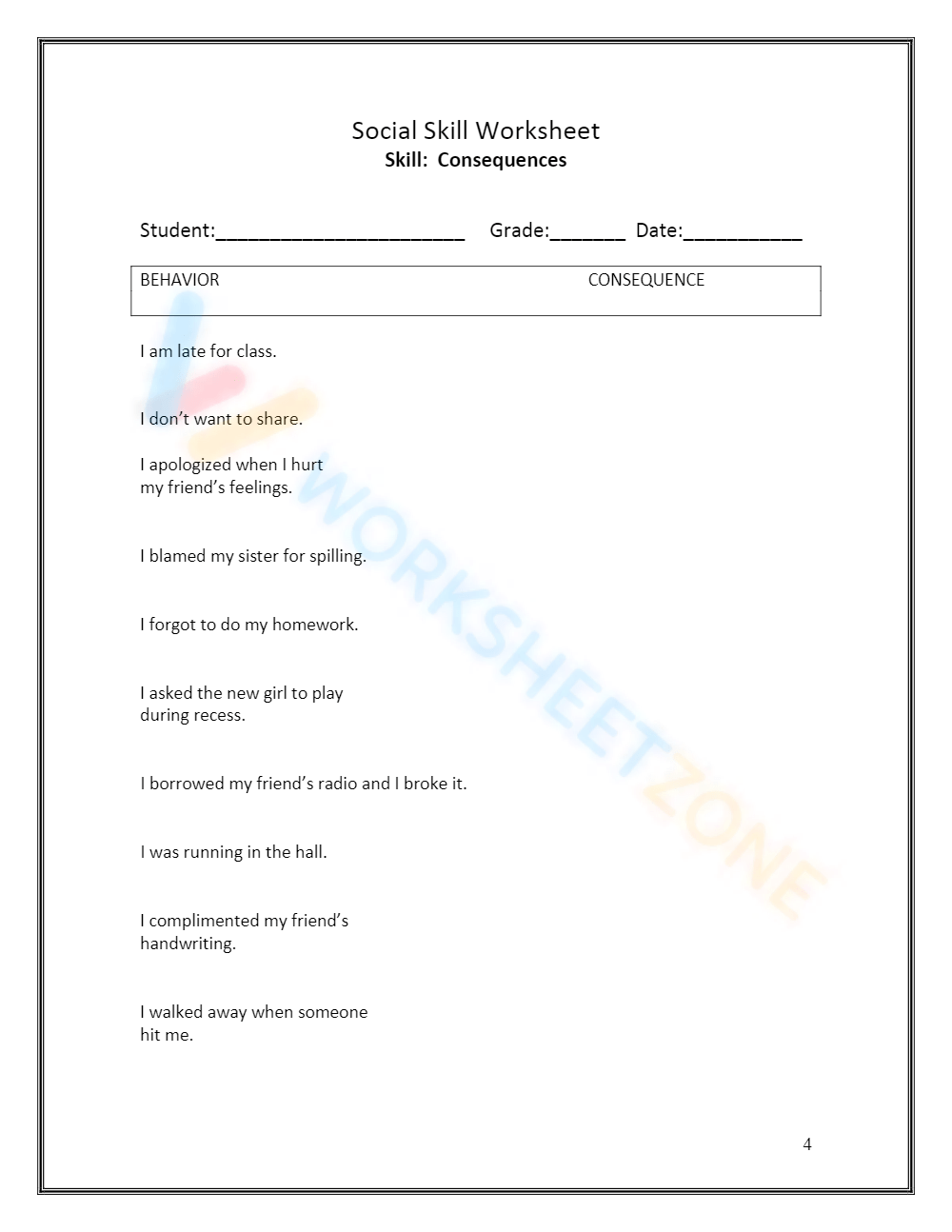 Consequences Worksheet