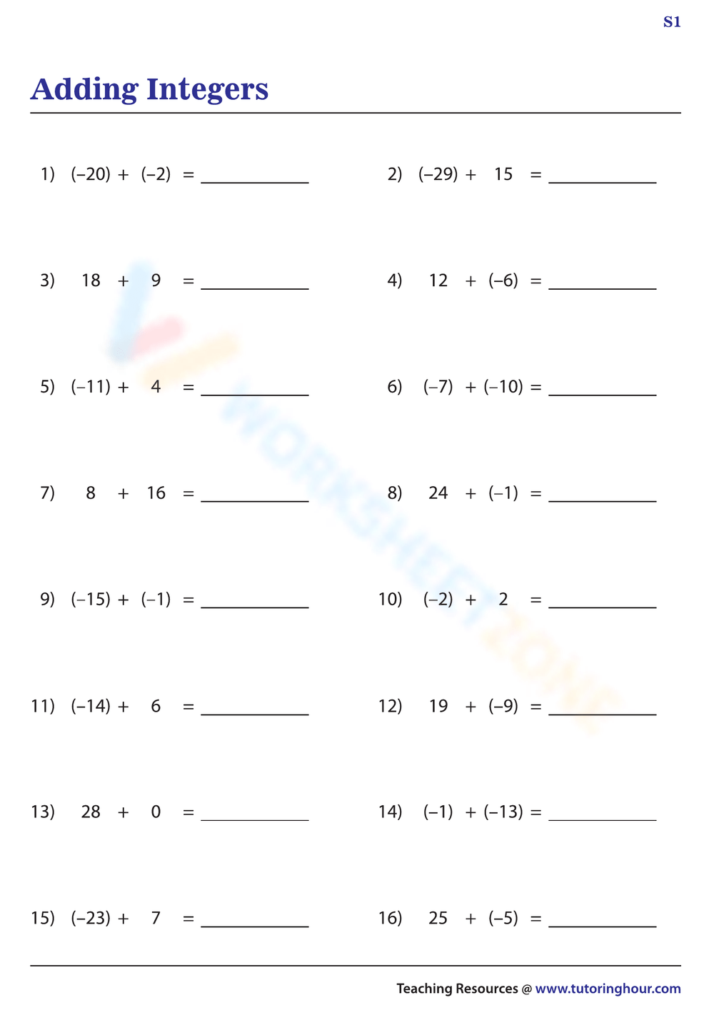Adding Integers Worksheet Zone