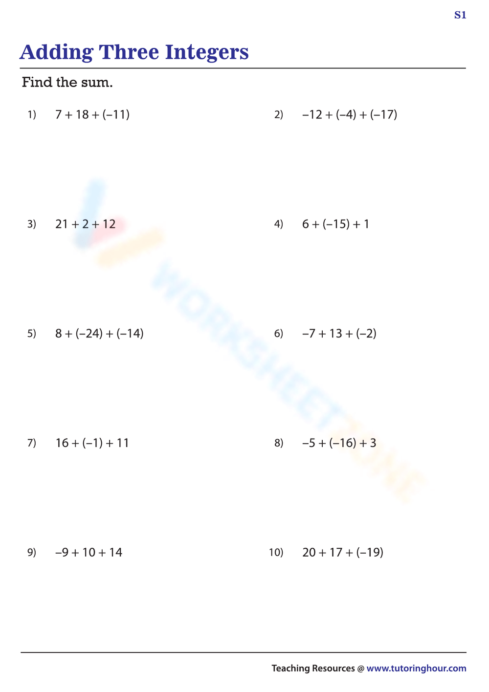 Adding Three Integers Worksheet