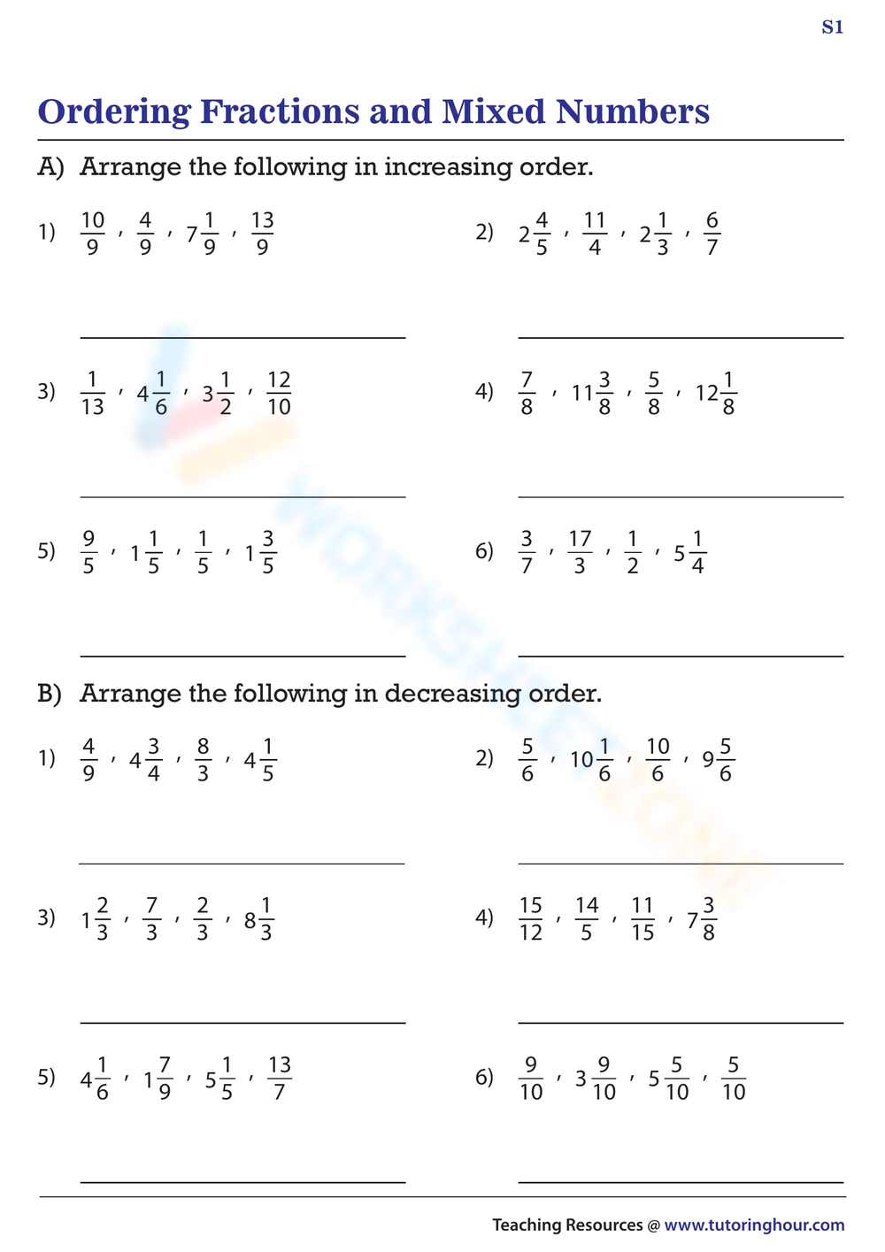 Ordering Fractions And Mixed Numbers Worksheet