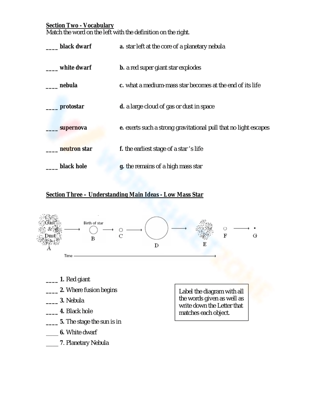 Life Cycle of a Star – Worksheet