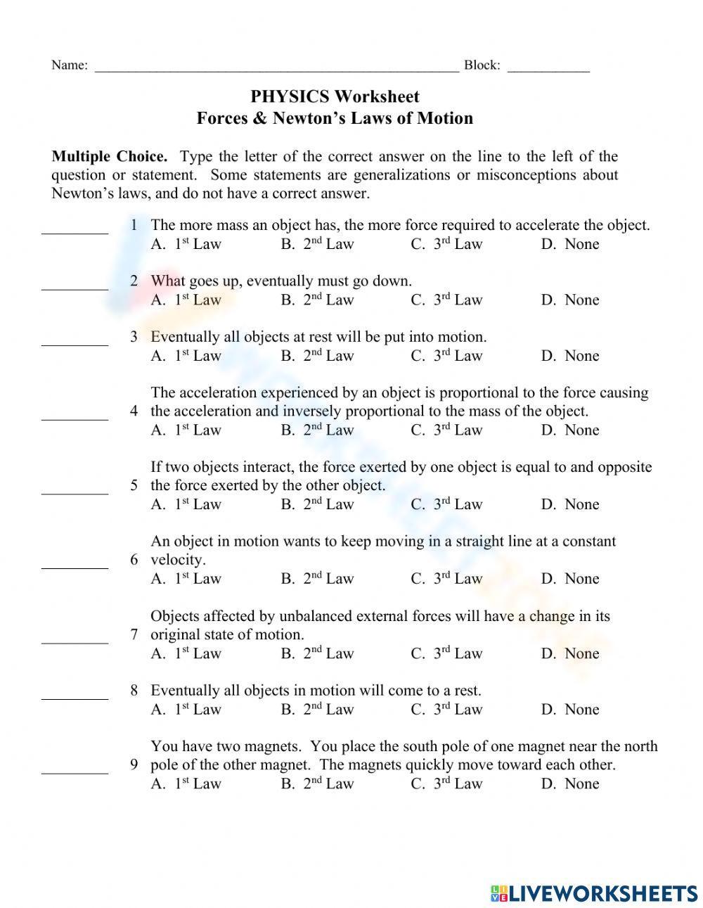 Forces And Newtons Laws Of Motion Worksheet 6171