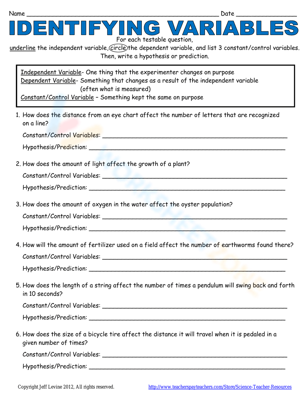 Free Collection Of Identifying Variables Worksheets