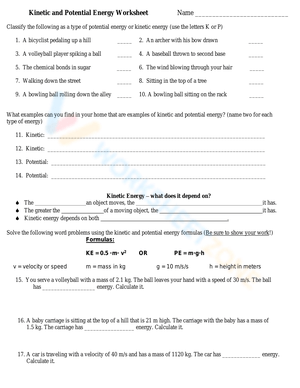 Answered: POTENTIAL & KINETIC ENERGIES WORKSHEET…