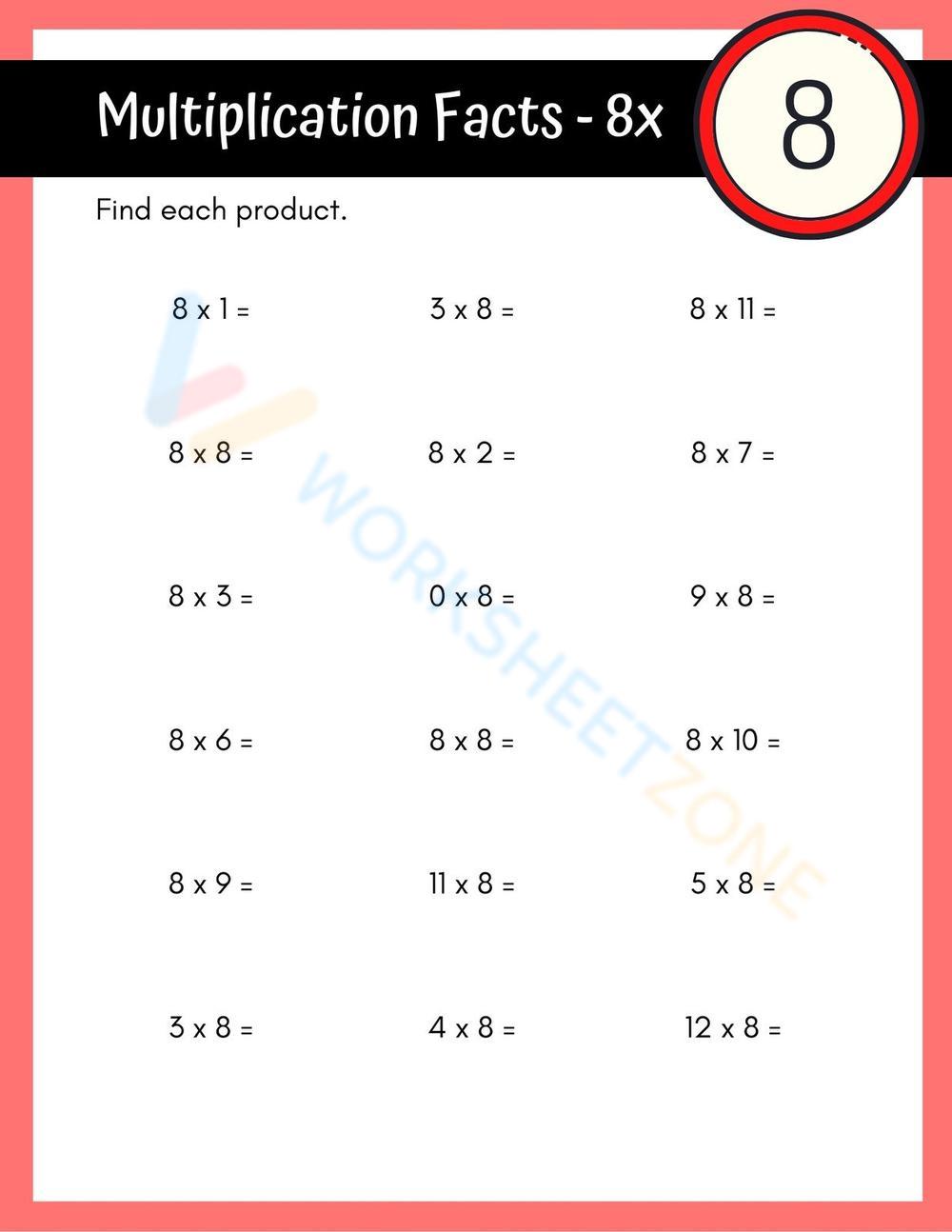 Multiplication Facts 8x Times Tables Worksheet Worksheet