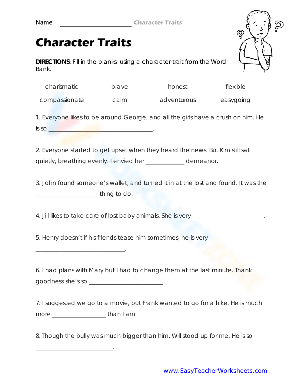 Personal Characteristics  Character trait worksheets, Character