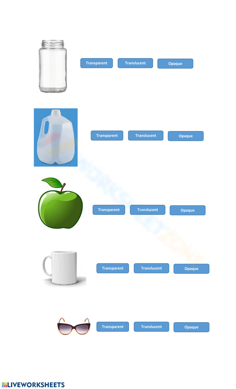 Transparent, translucent, opaque object sorting