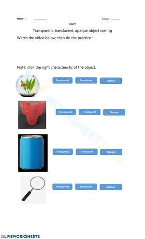 Transparent, Translucent & Opaque Object Sorting Worksheets
