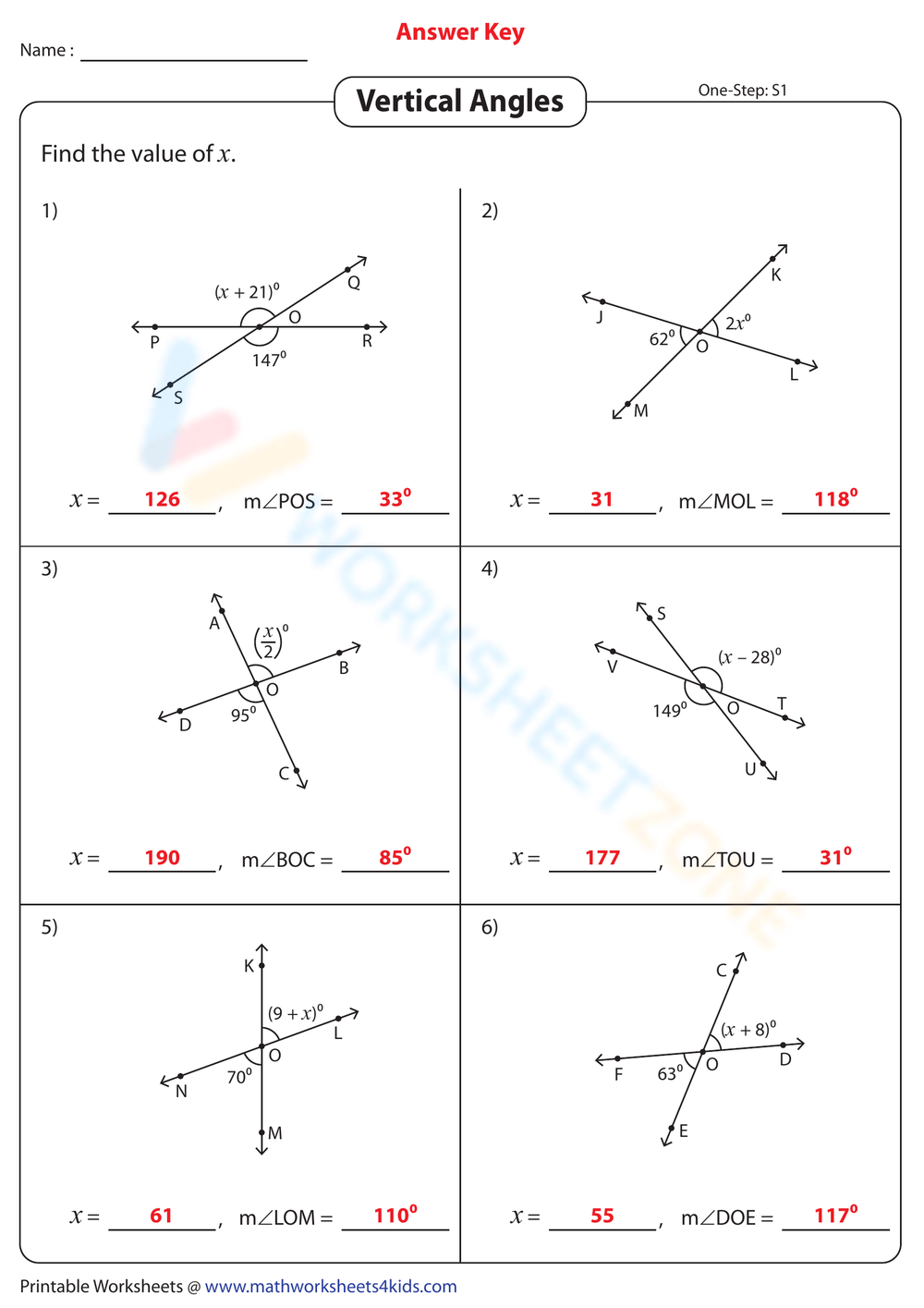 Free Printable Interactive Vertical Angles Worksheets