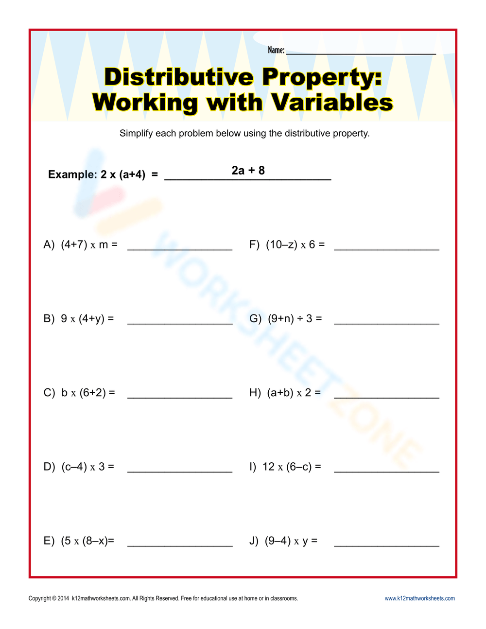 Distributive Property Working with Variables Worksheet Zone