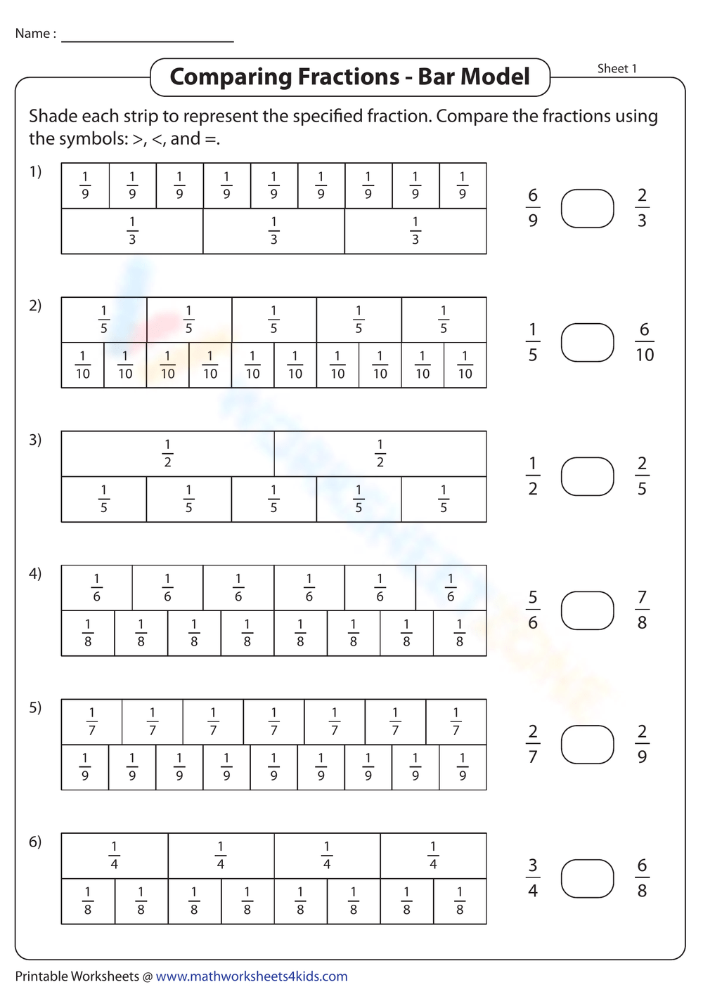 Comparing Fractions Bar Model Worksheet