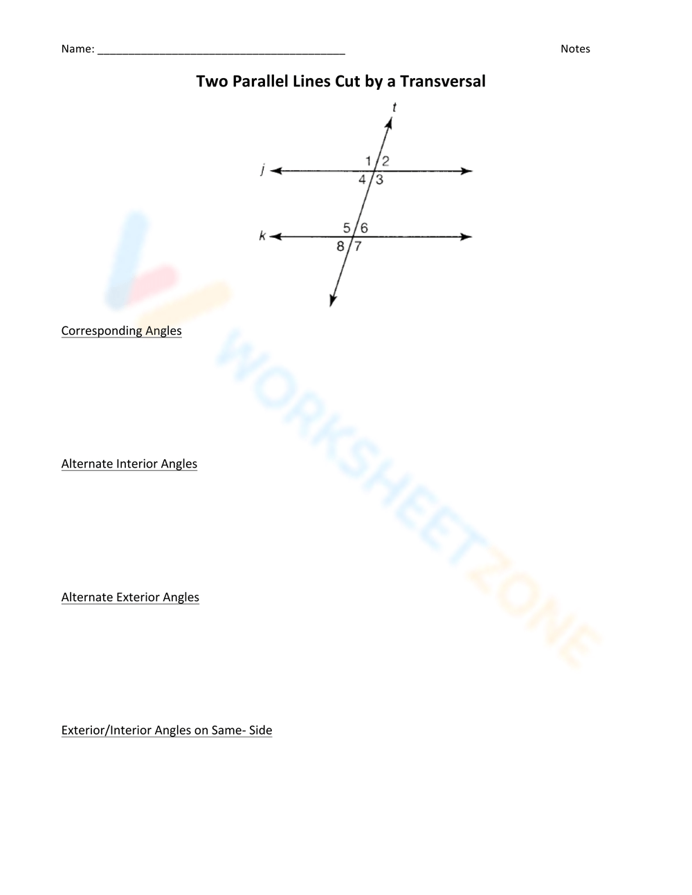 Two Parallel Lines Cut By A Transversal Worksheet