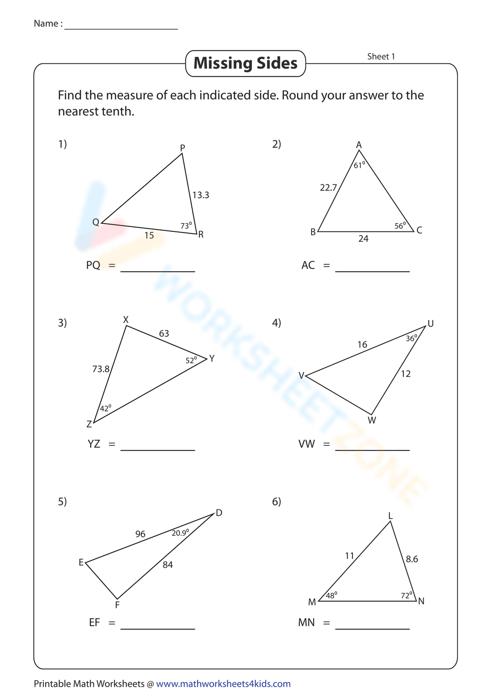 Missing Sides Worksheet Missing Sides Worksheet
