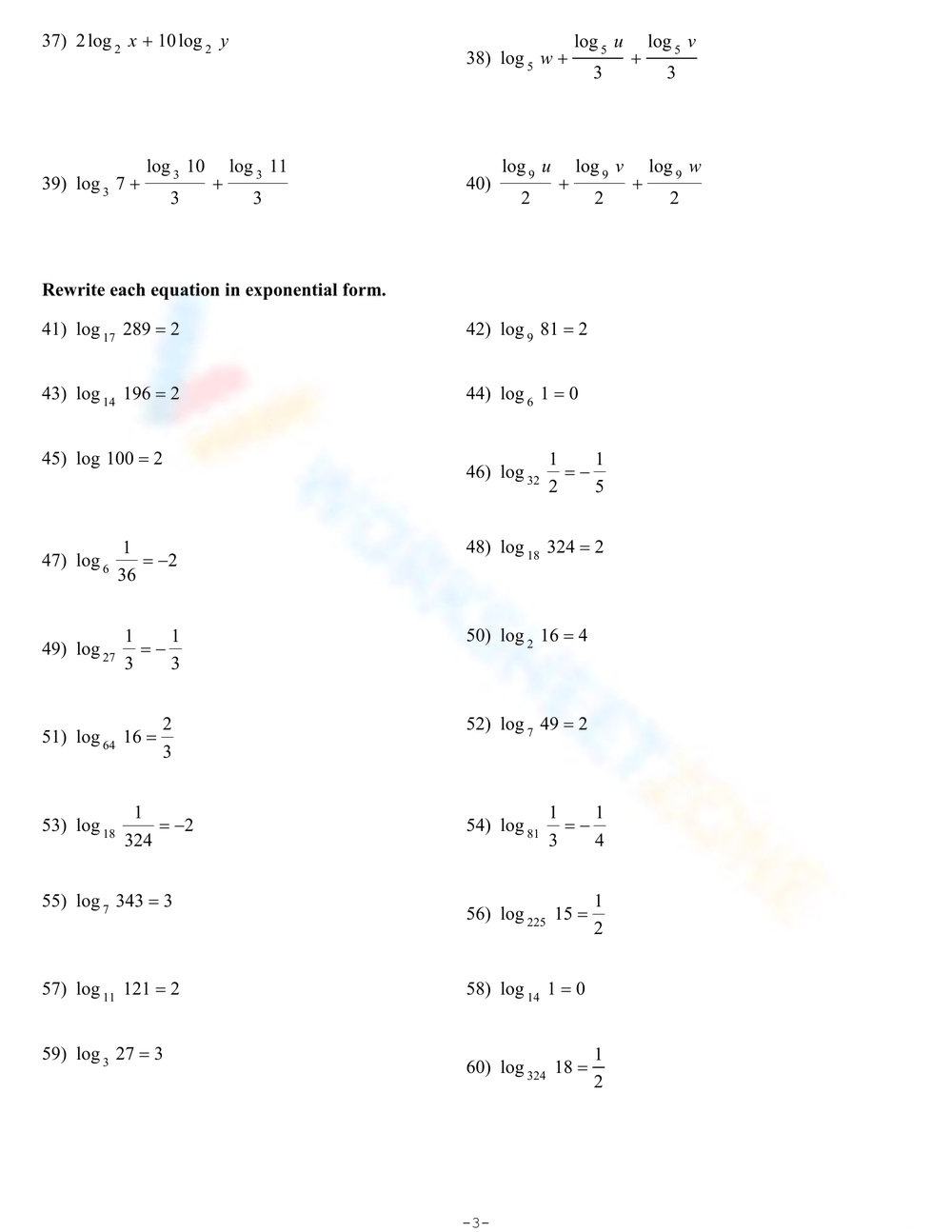 Logarithms: Expand Condense Properties Equations Worksheet