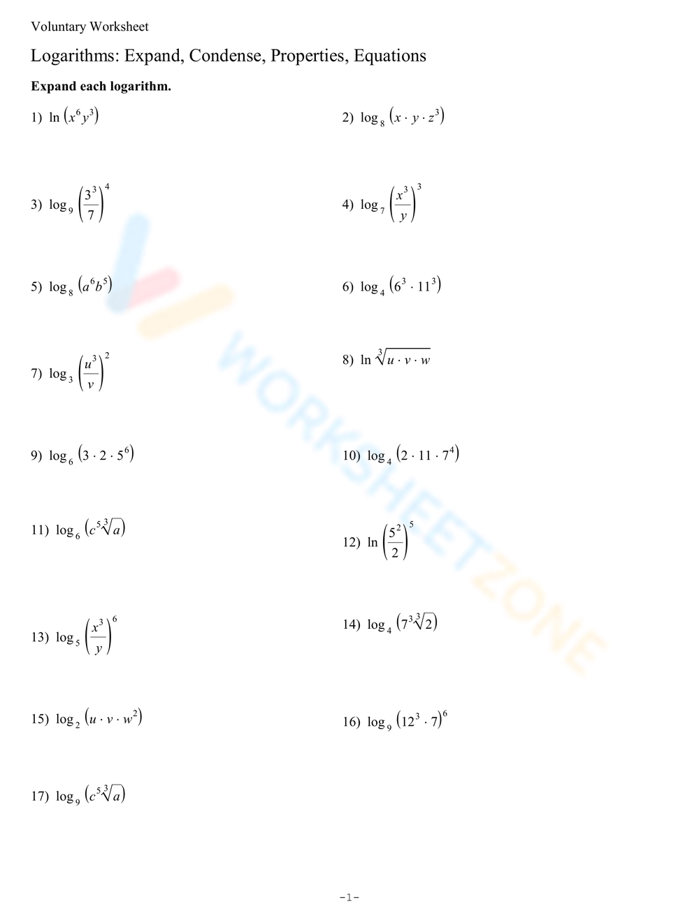 Logarithms Expand Condense Properties Equations Worksheet