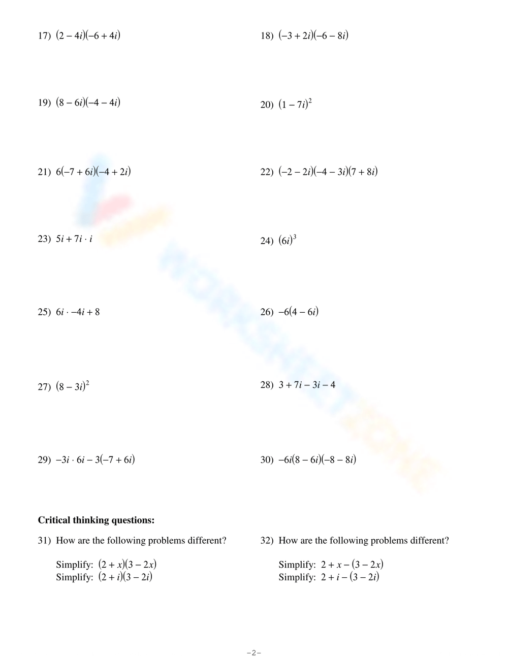 Operations With Complex Numbers Worksheet