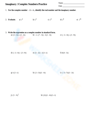 Imaginary and Complex Numbers Practice Worksheets