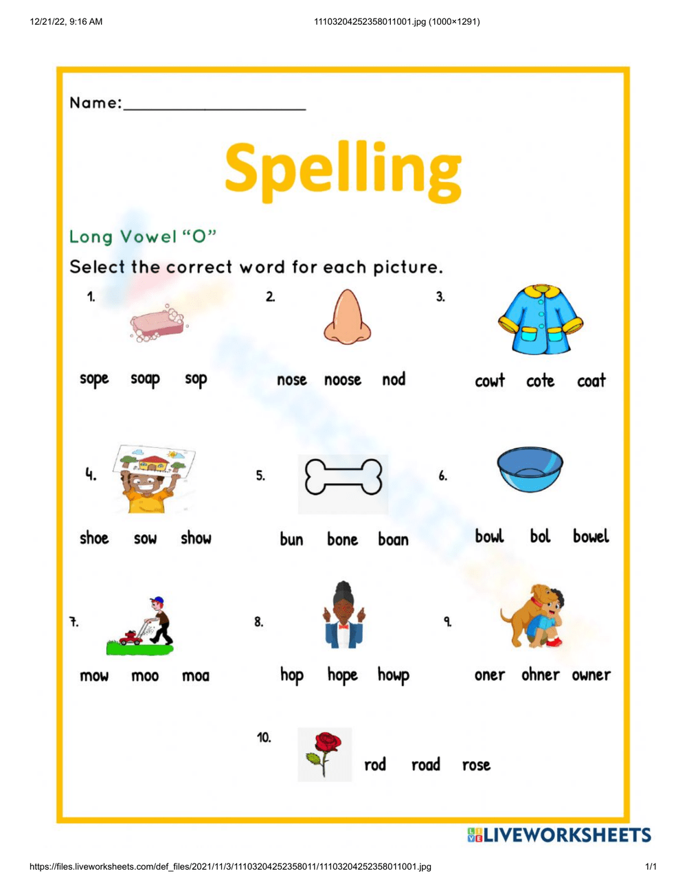 1st Grade Long O Worksheets, image size:1000x1294