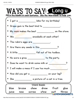 Free Printable Long U Worksheets for Students