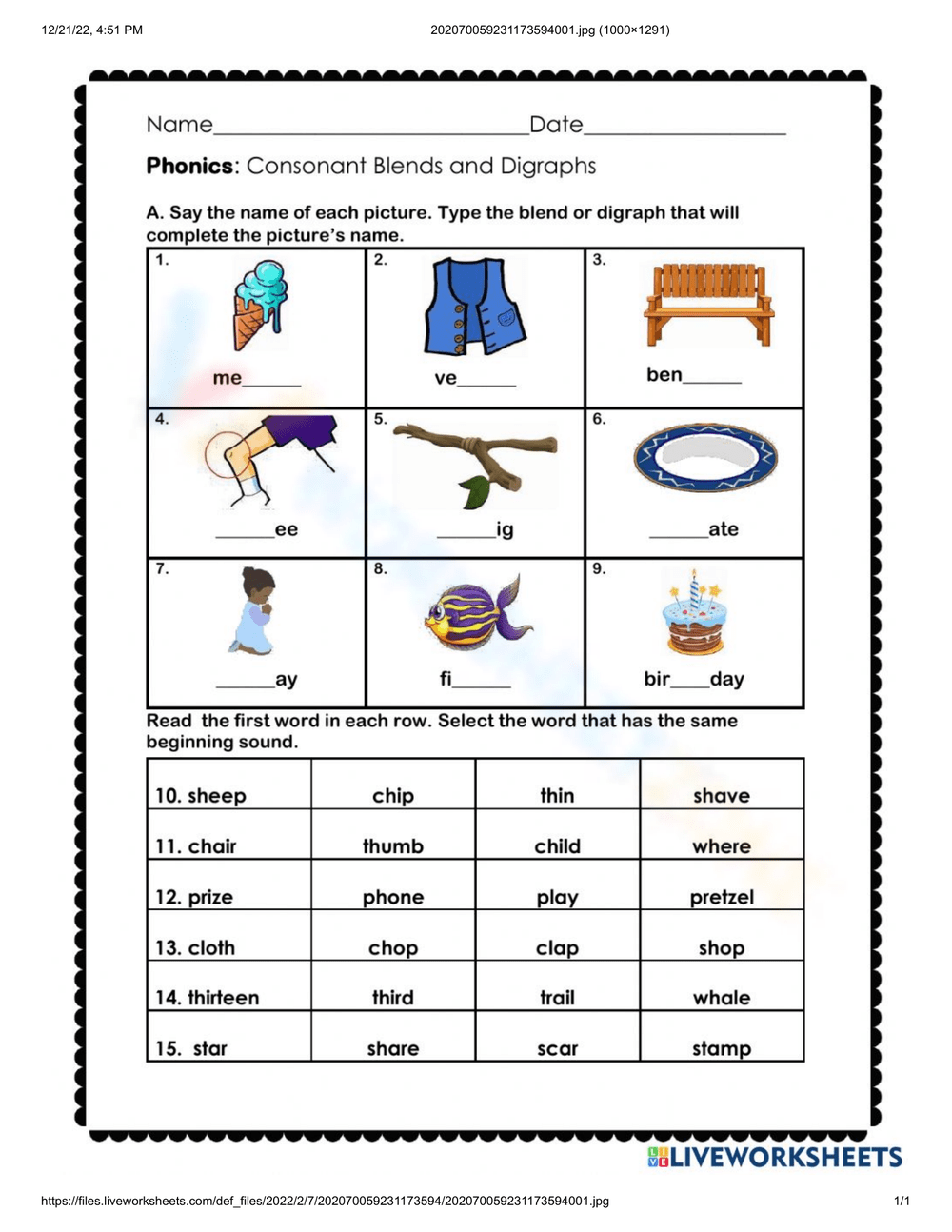 Consonant Blends And Digraphs Worksheet 