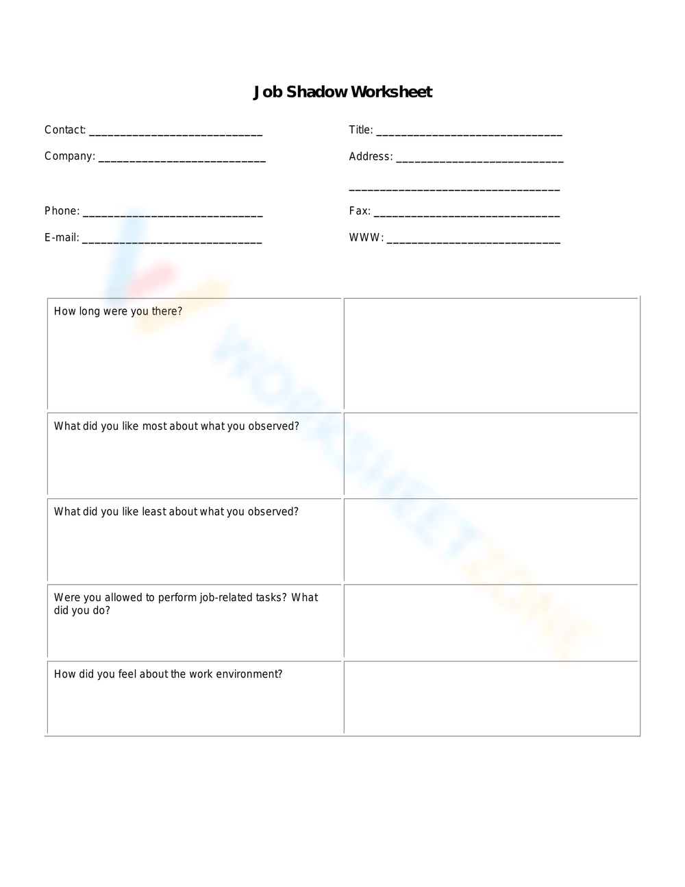 Job Shadow Worksheet Worksheet