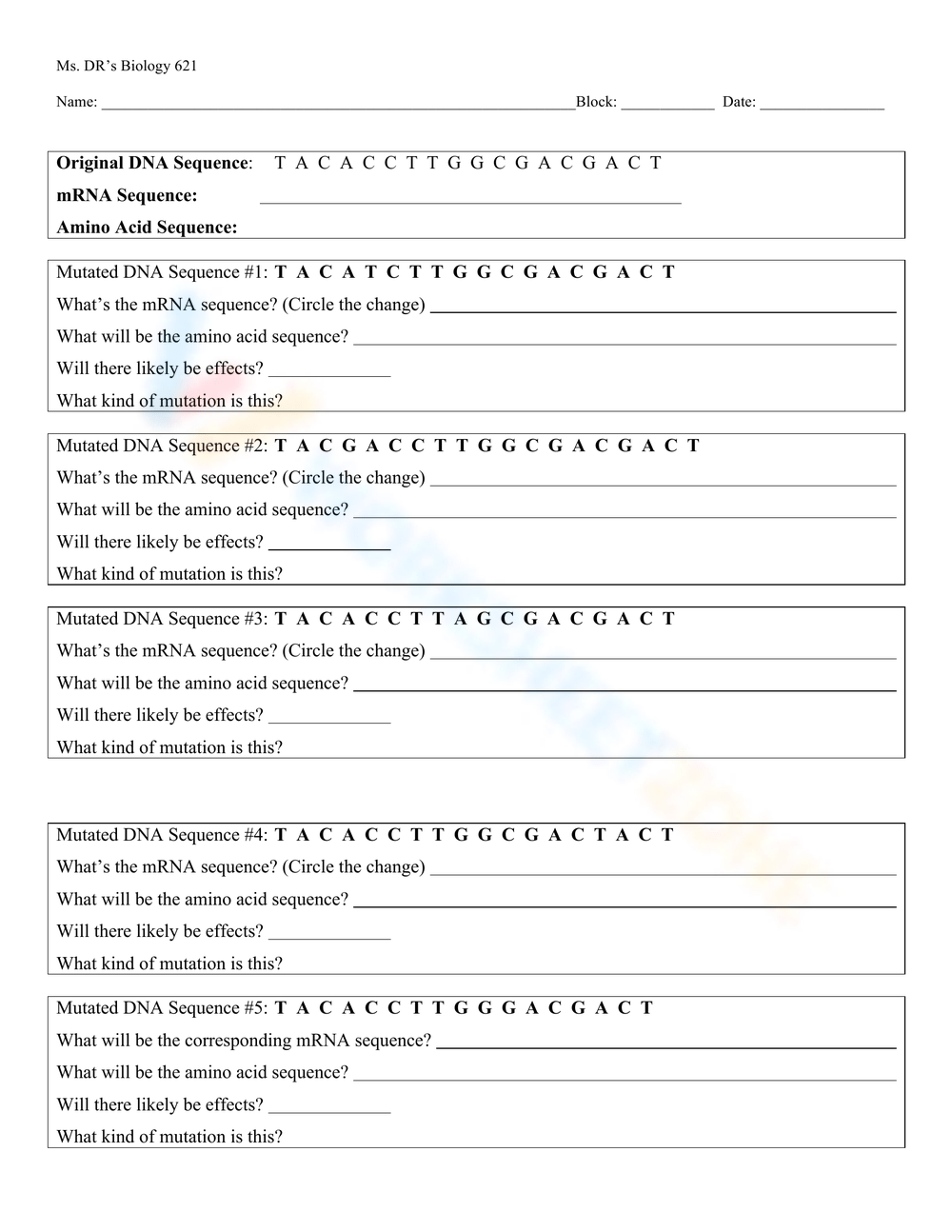 Biology Worksheet Mutations Practice