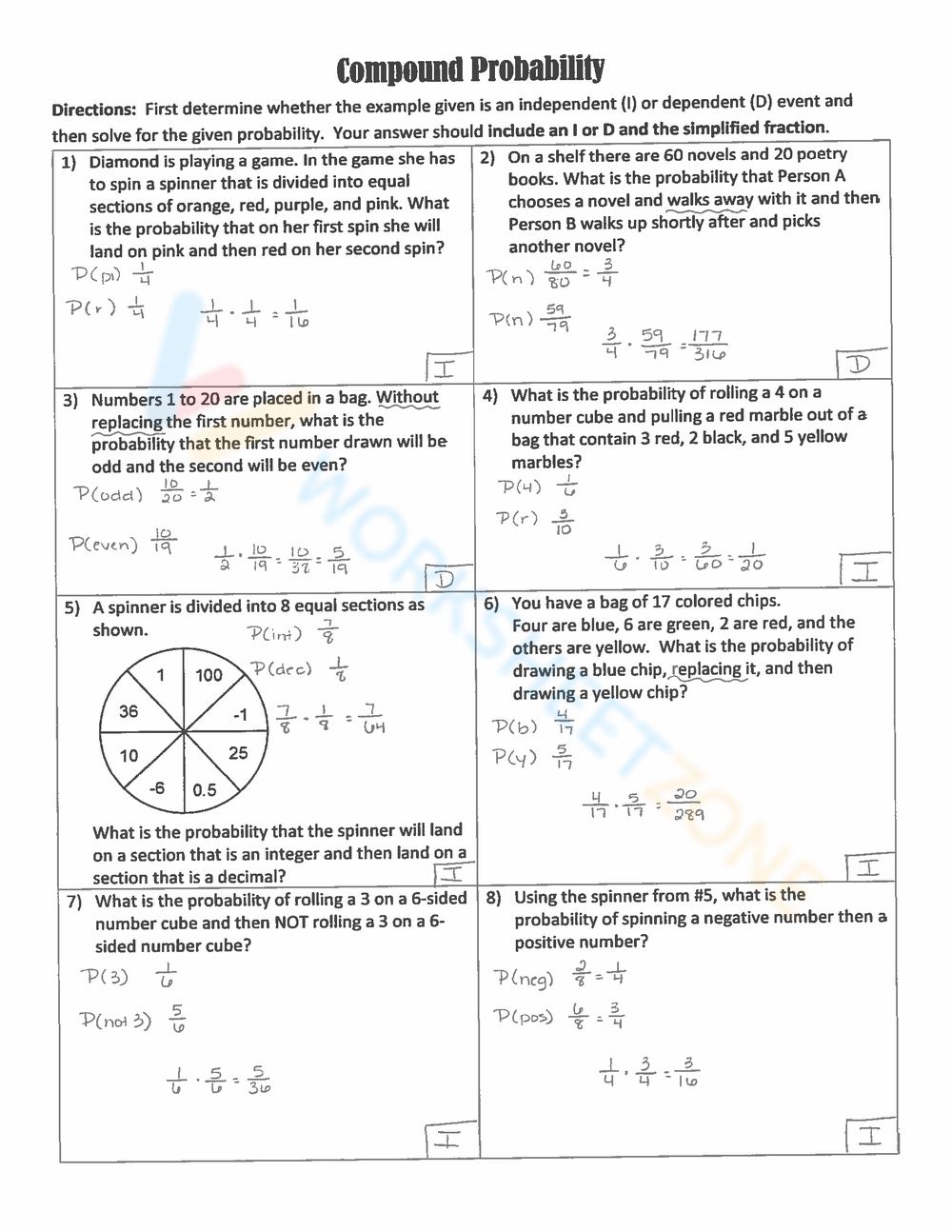 Compound Probability Worksheet Pdf Compound Probability Worksheet With