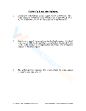 Dalton #39 s law of partial pressure worksheets Dalton #39 s law of partial pressure worksheets
