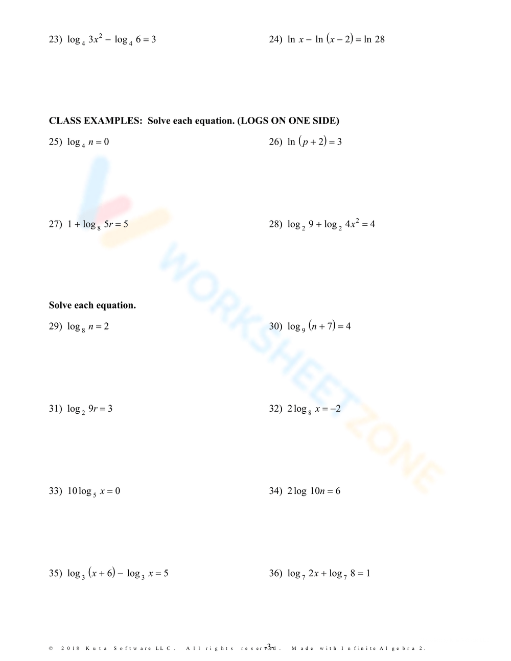 Solving Log Equations Worksheet