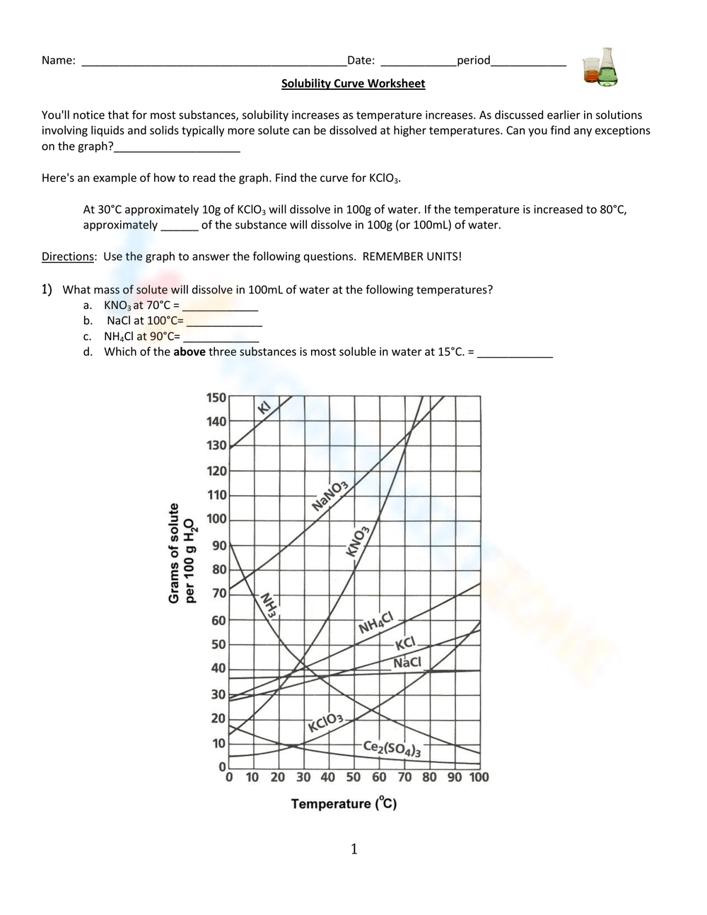 Free Solubility Curve Worksheet with Answer Keys