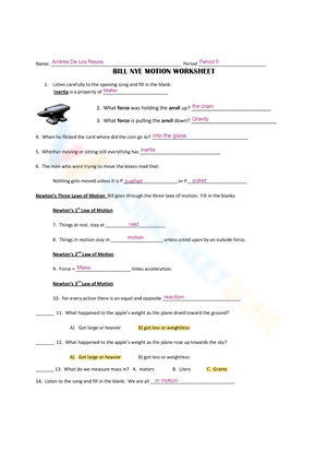 Bill Nye Motion worksheets