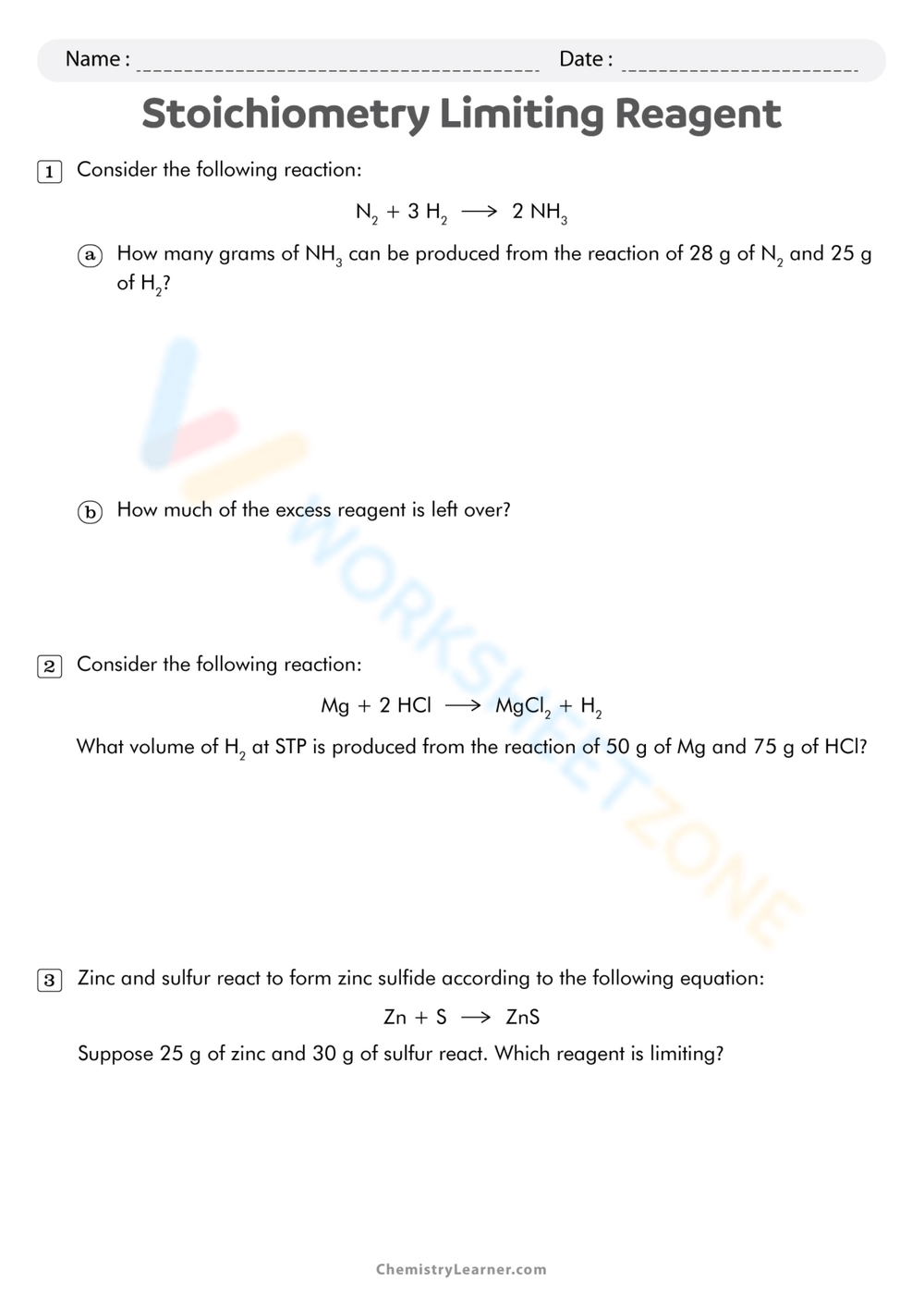 Limiting Reagent Worksheet Worksheet