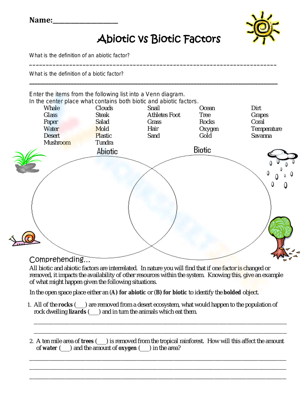 biotic and abiotic worksheets