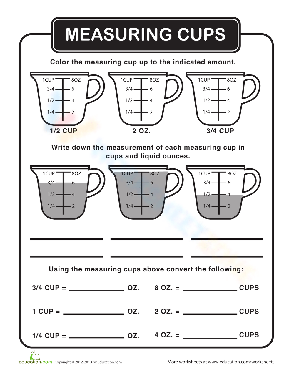 Measuring Cups Worksheet