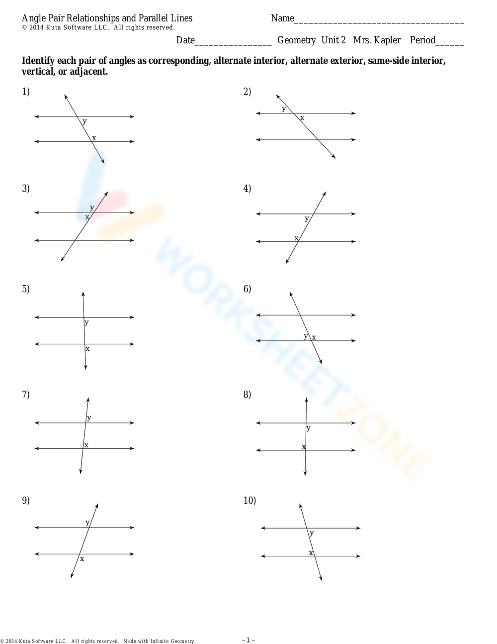 Angle Pair Relationships And Parallel Lines Worksheet