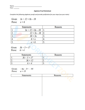 Algebraic Proof Worksheet