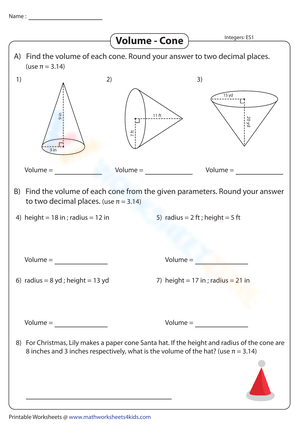 maths worksheets 4th class Volume of Cones | Integers - Easy