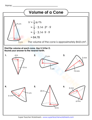 maths worksheets 4th class Volumn of a cone 1