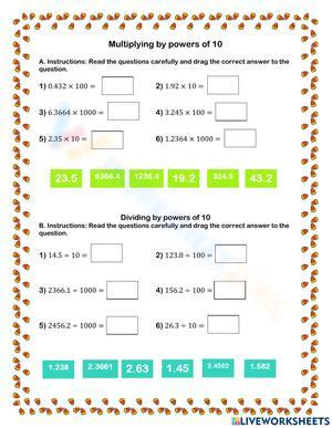 Multiplying by Powers of 10 worksheets