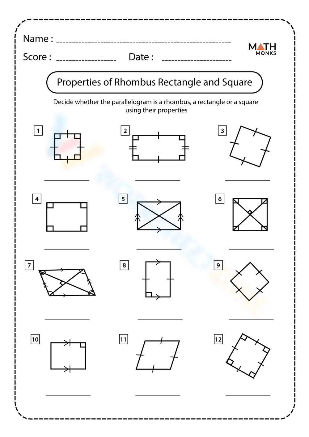 Properties Of Rhombus Rectangle And Square Worksheet Worksheet