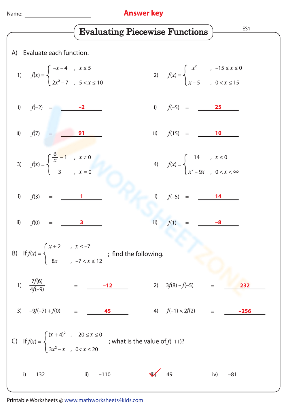 Evaluating Piecewise Functions Worksheets