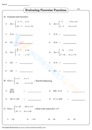 Free Printable Evaluating Piecewise Functions Worksheets