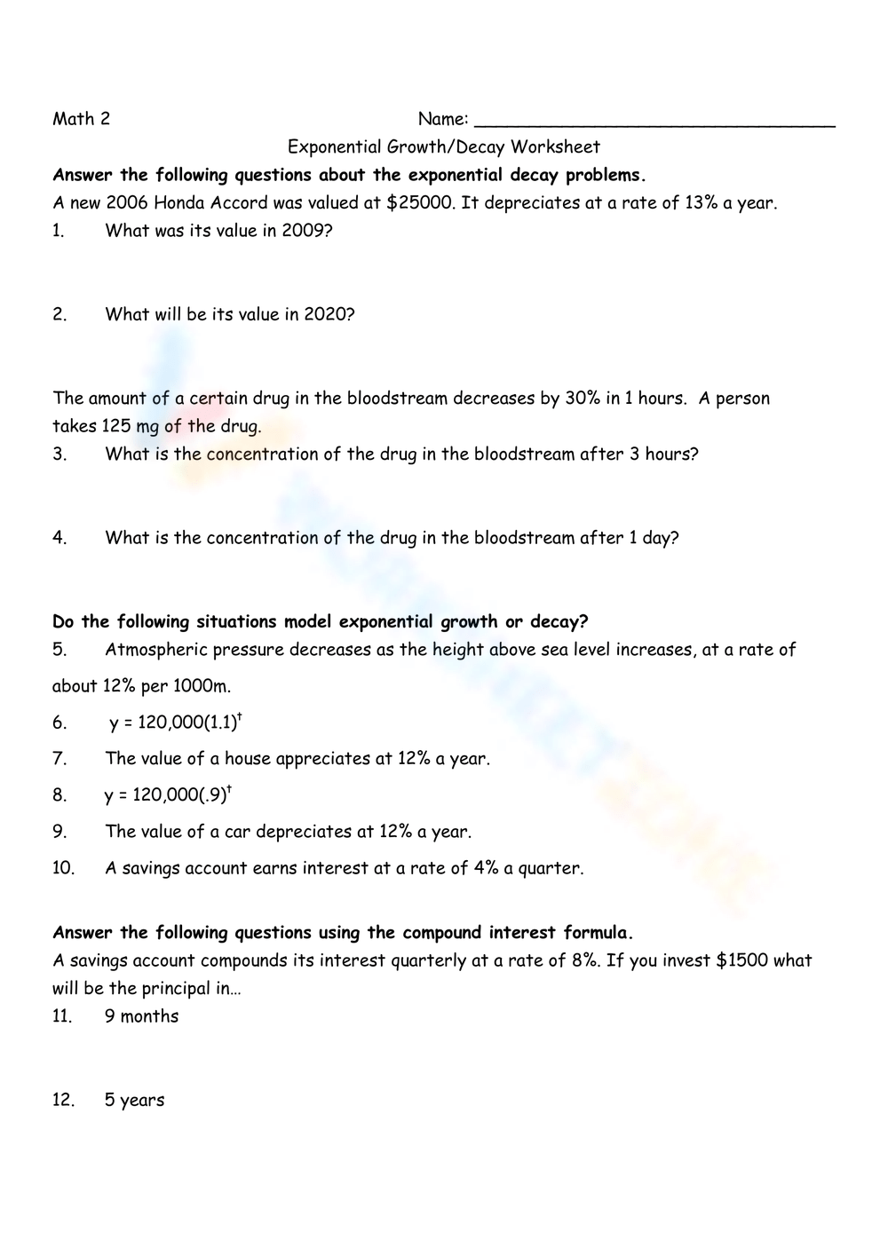 Exponential Growth Decay Worksheet Worksheet