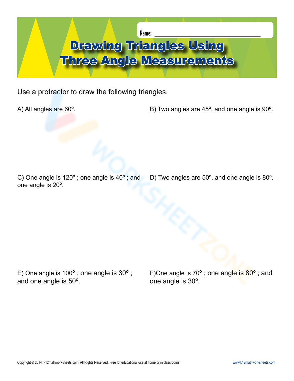 Drawing Triangles Using Three Angle Measurements Worksheet 2892